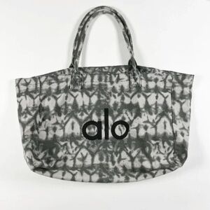 NEW Alo Yoga Cotton Gray White Tie Dye Print Pattern Oversize Gym Tote Bag Purse
